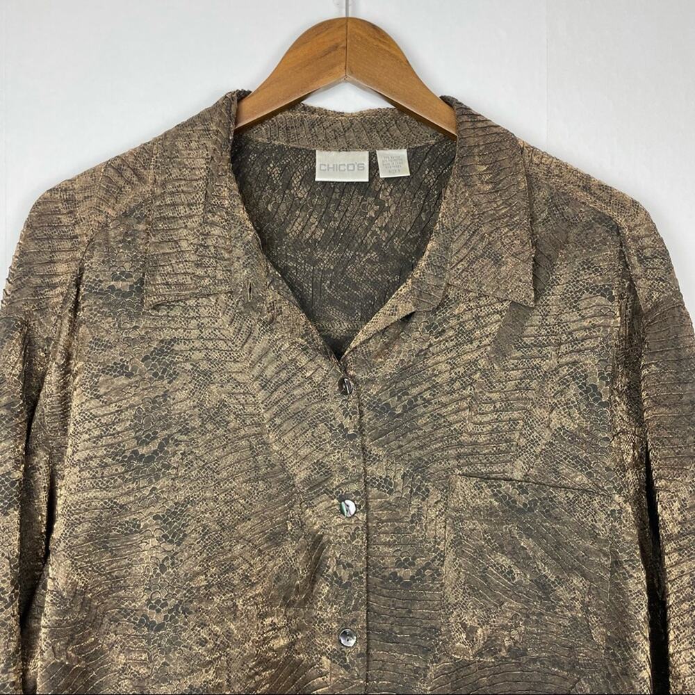 Chico’s | Sz 3 Black Gold Textured Reptile Print Long Sleeve Button Down Blouse - Picture 3 of 11